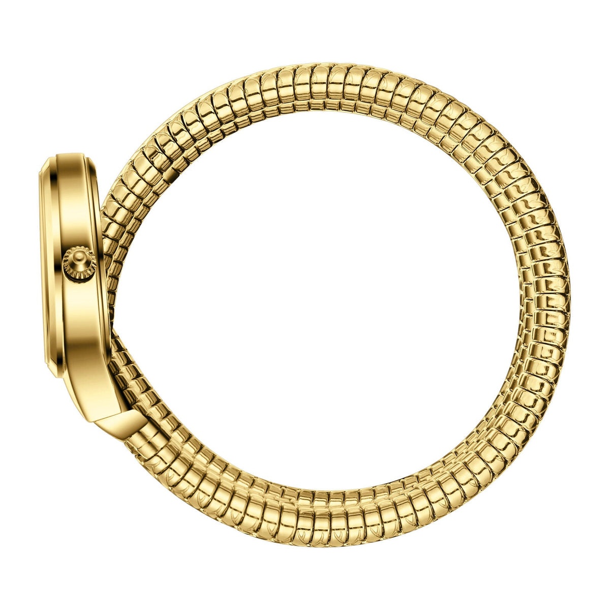 Side view of all-gold serpenti wrap watch with textured band