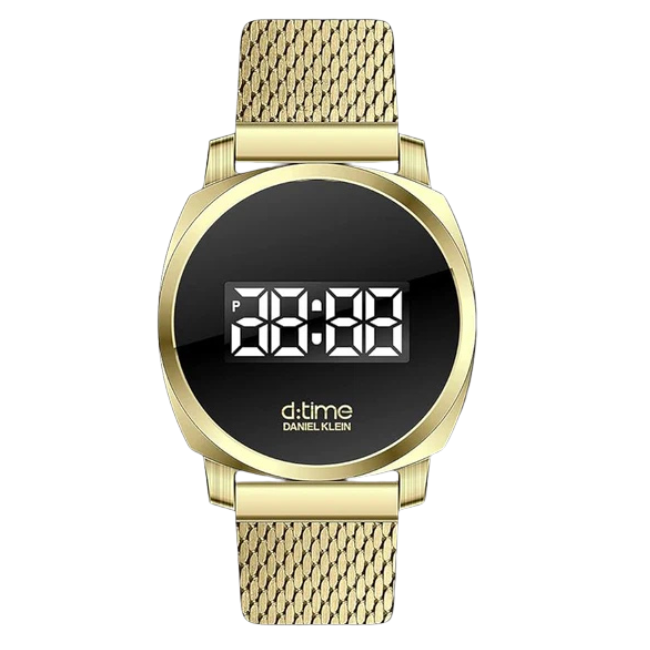 Daniel Klein rose gold digital watch with black dial and mesh strap