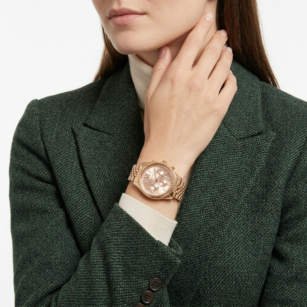 A close-up of a woman wearing a rose gold chronograph watch with a matching metal link bracelet, styled with a dark green textured blazer and a cream turtleneck.
