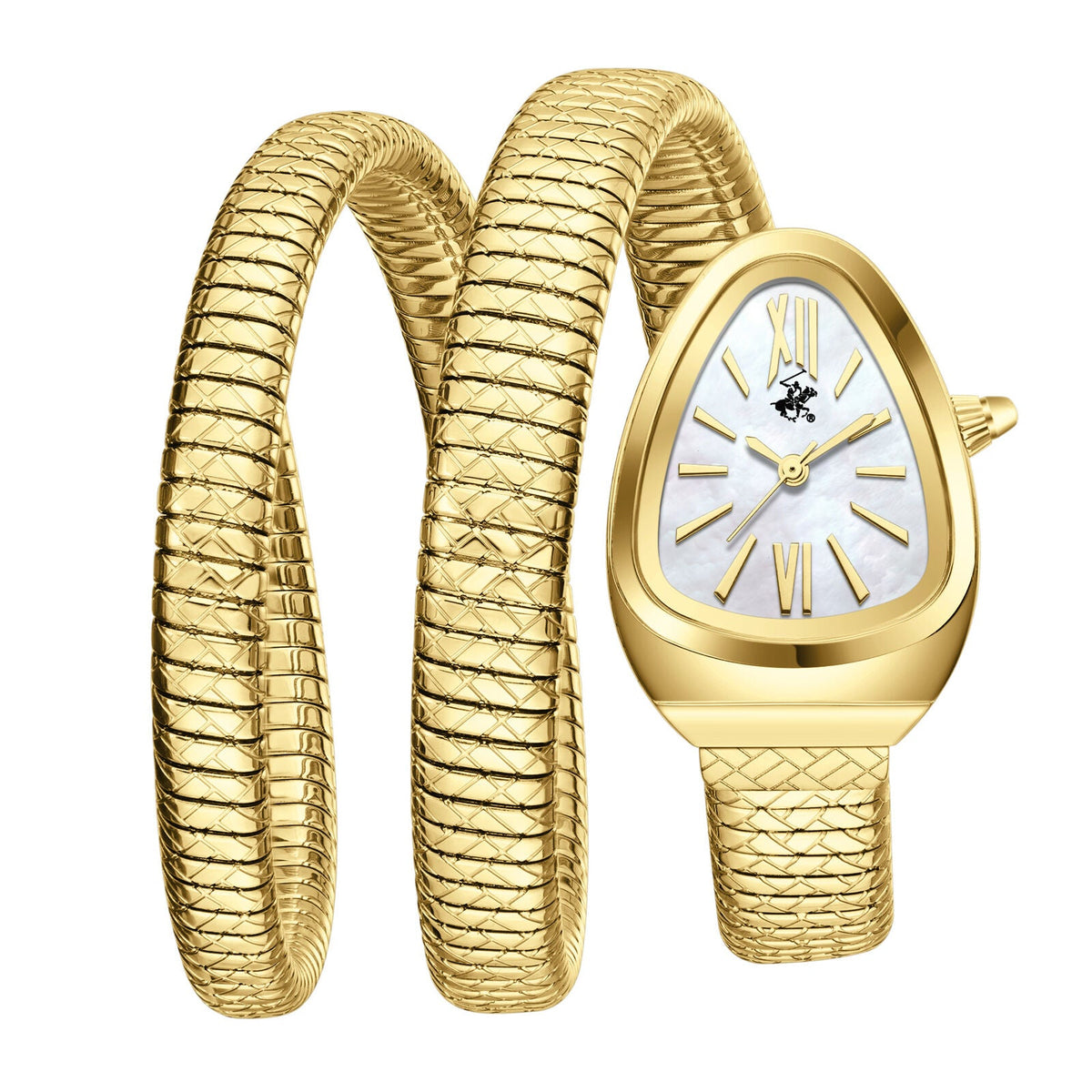 All-gold serpenti wrap watch with mother-of-pearl dial and Roman numerals