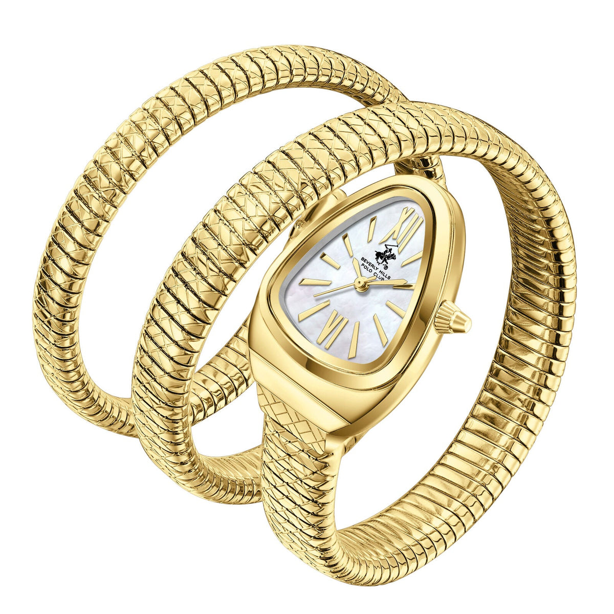 Gold serpenti wrap watch worn on wrist, showing coiled metal band design