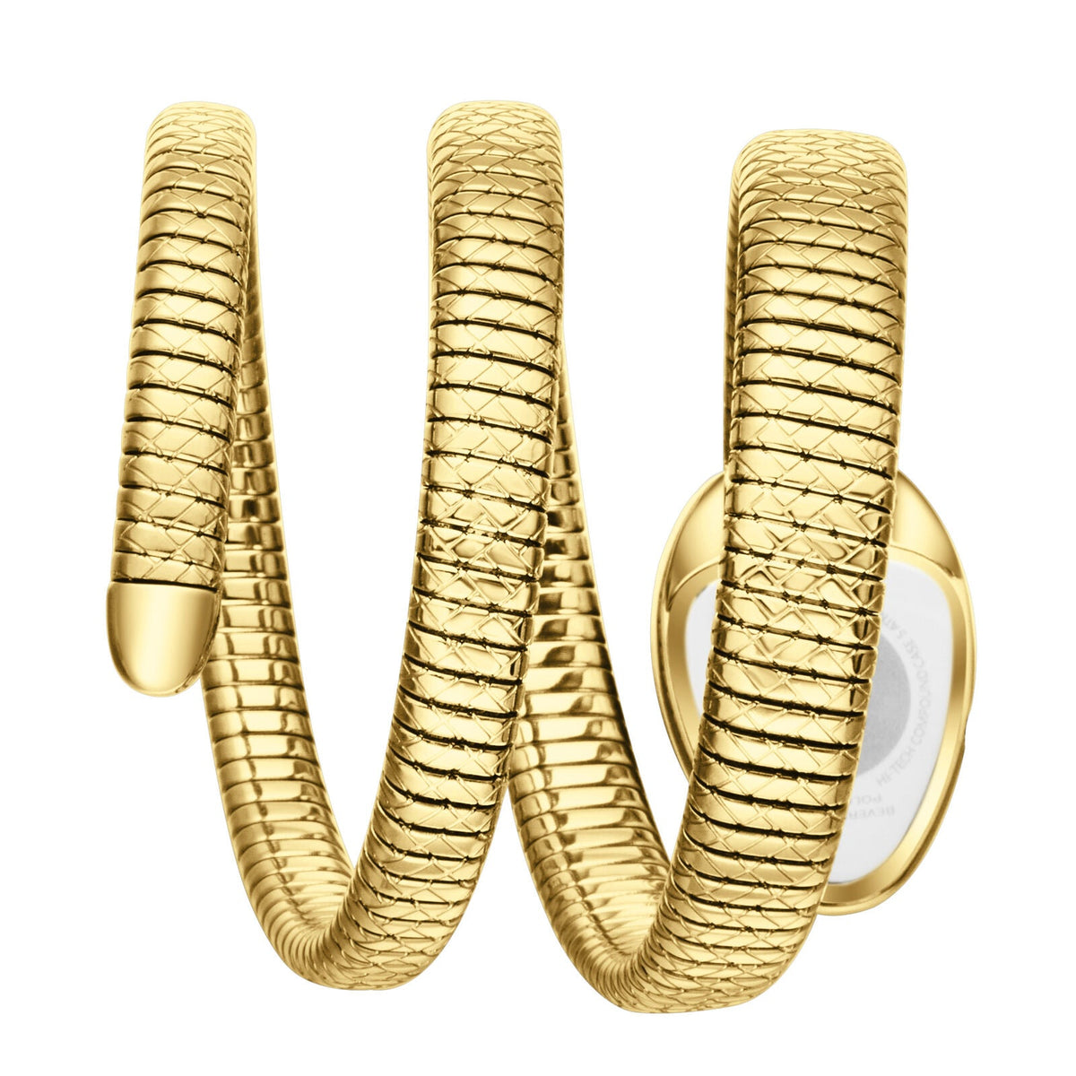 All-gold serpenti wrap watch displayed on wrist with coiled metal band