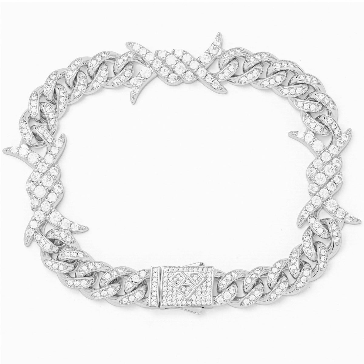 10MM Big Daddy spiked horns iced out silver bracelet with curb links and CZ-encrusted spikes