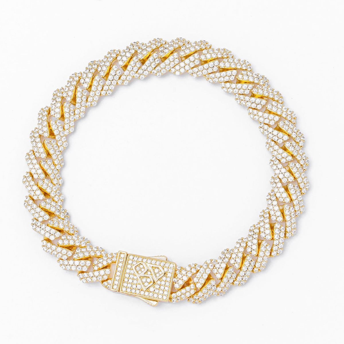 10mm straight edge Cuban CZ gold bracelet with box clasp, iced out design