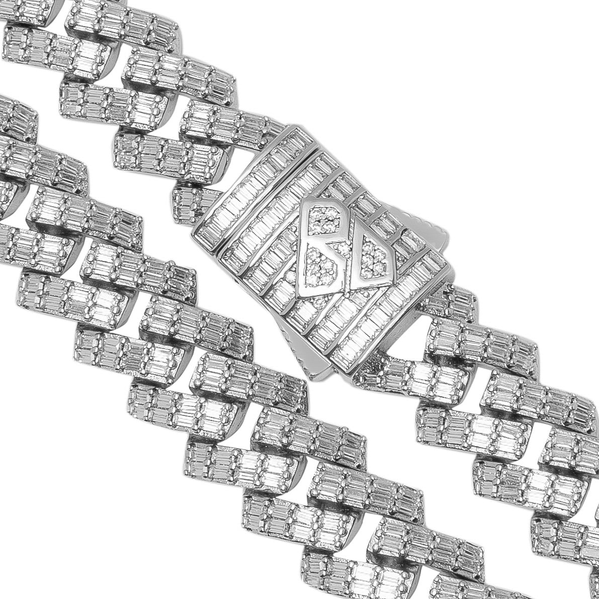 Big Daddy 12MM baguette Cuban CZ silver chain with clasp detail