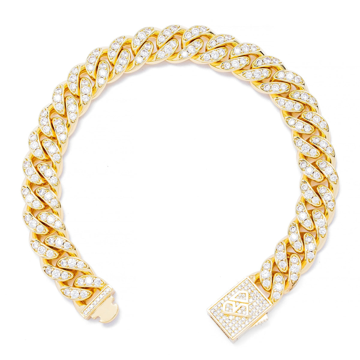 12MM Cuban link gold bracelet displayed at angle showing iced-out CZ details