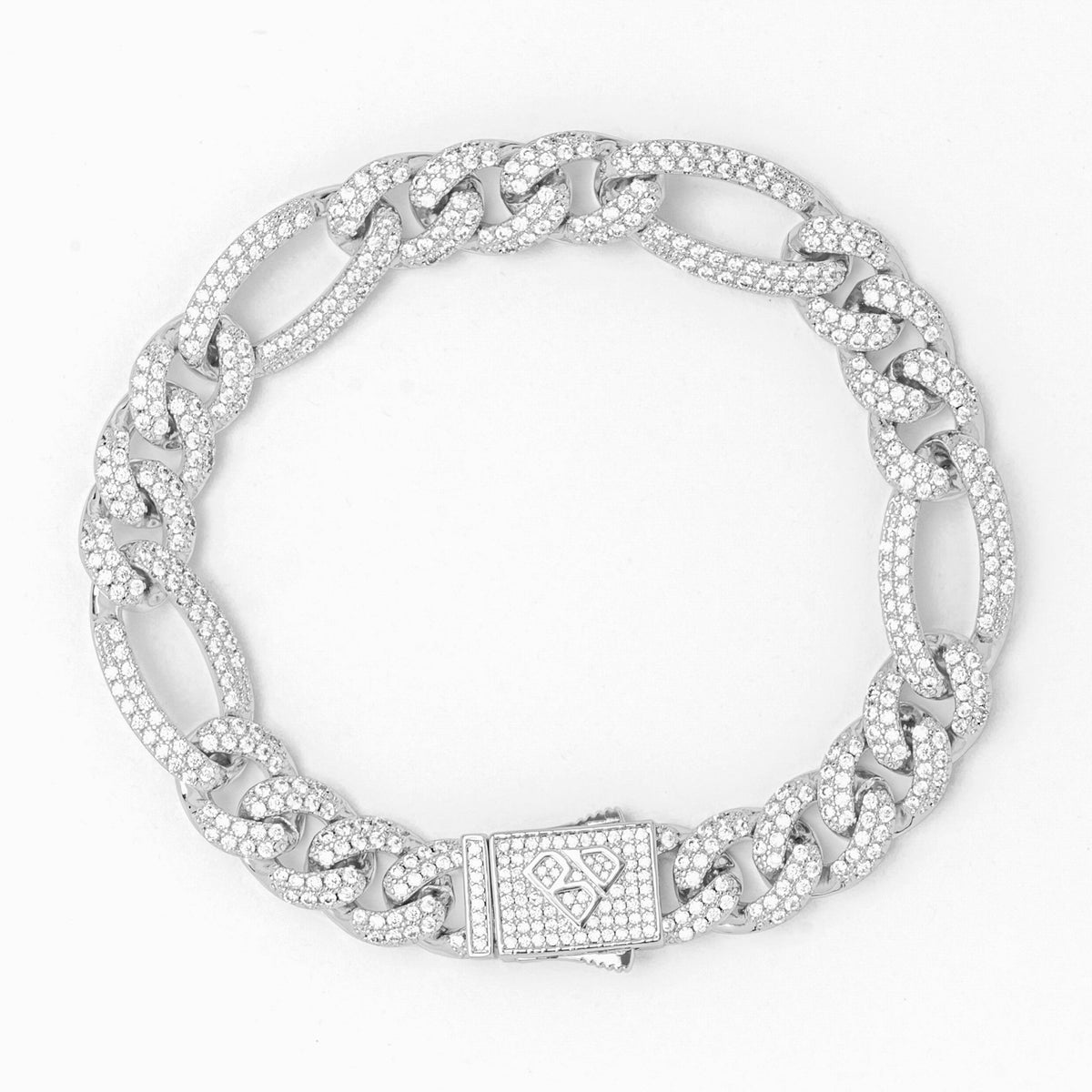 Big Daddy 12MM iced figaro silver bracelet with CZ-encrusted curb links and box clasp