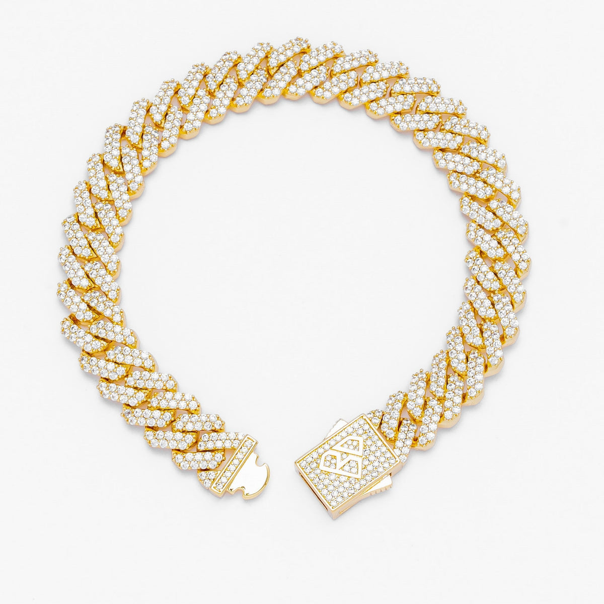 Big Daddy Cuban gold bracelet open clasp showing 12MM width and full CZ pave