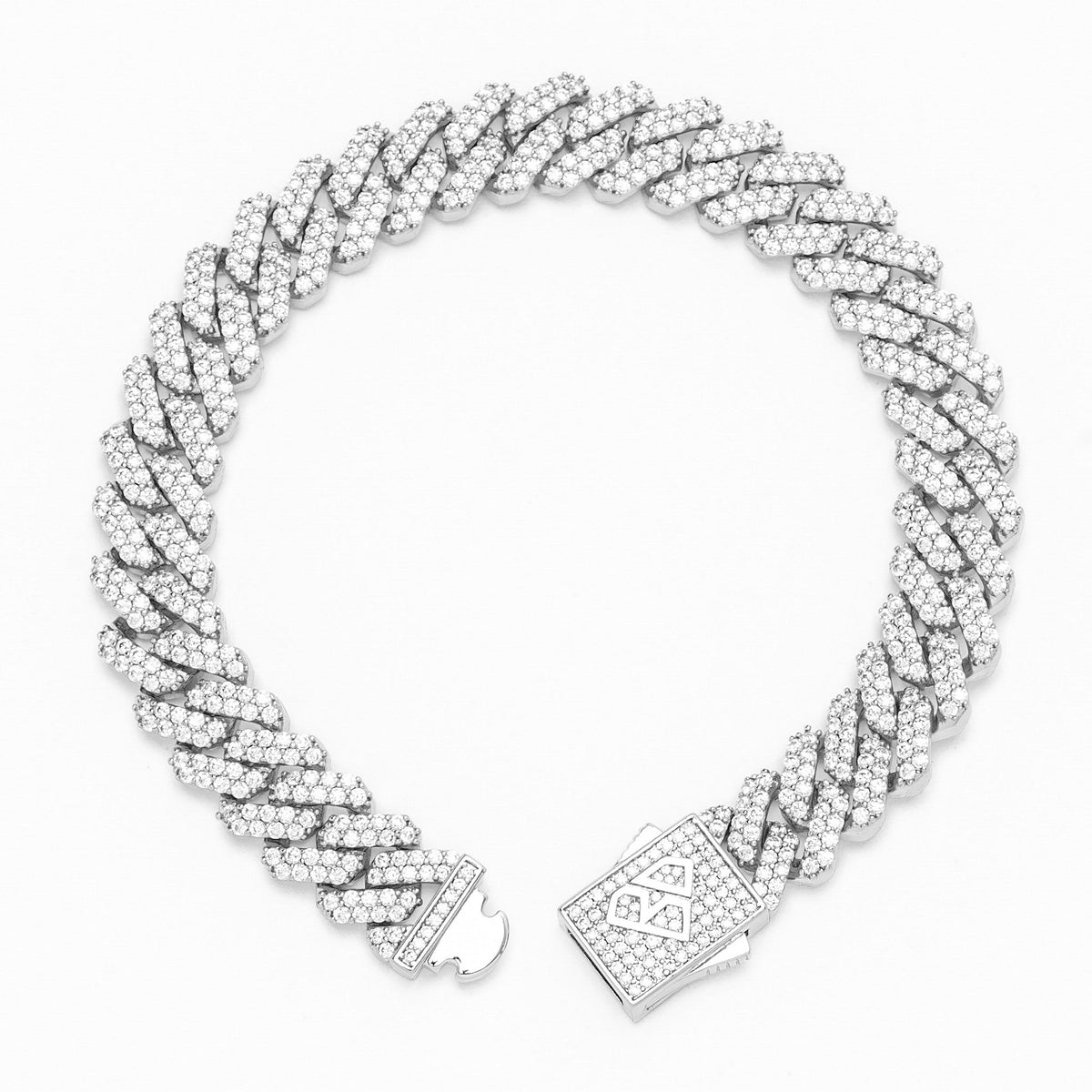 12MM Cuban link silver bracelet with CZ-like cubic zirconia embellishment throughout