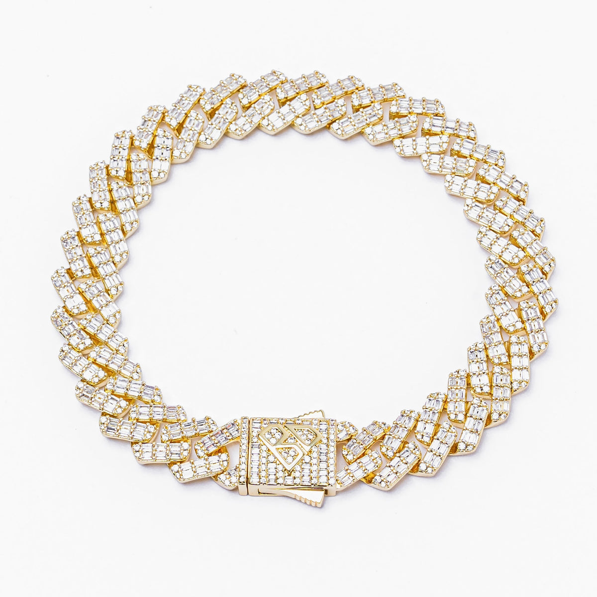 Big Daddy 12MM gold Cuban link bracelet with baguette CZ stones in iced out design