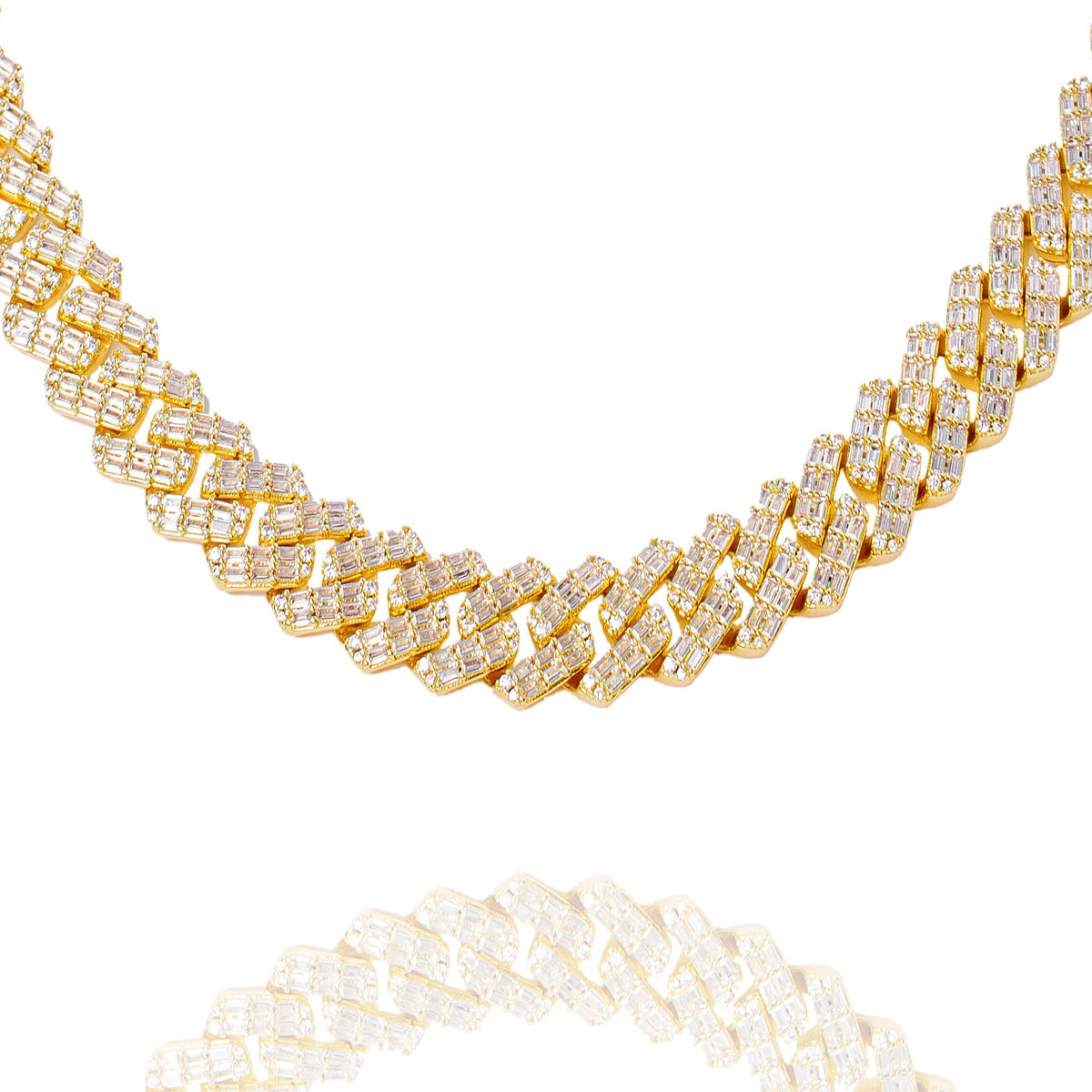 12MM gold Cuban chain with baguette CZ stones in prong settings, full length view