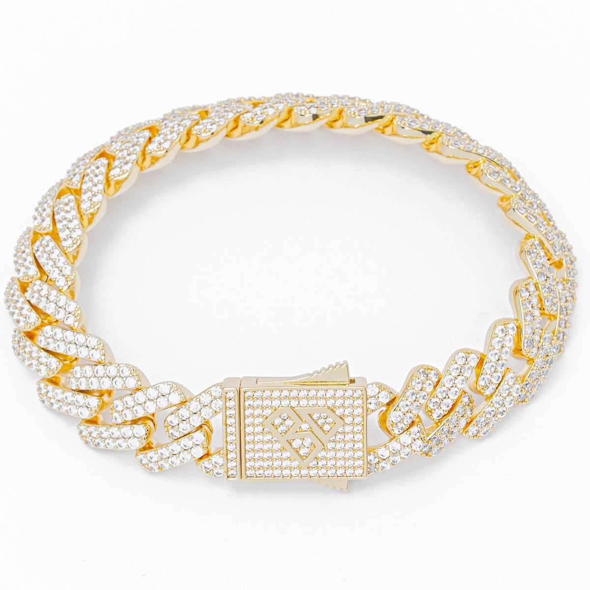 Big Daddy 12MM gold diamond figaro iced out bracelet with clasp displayed