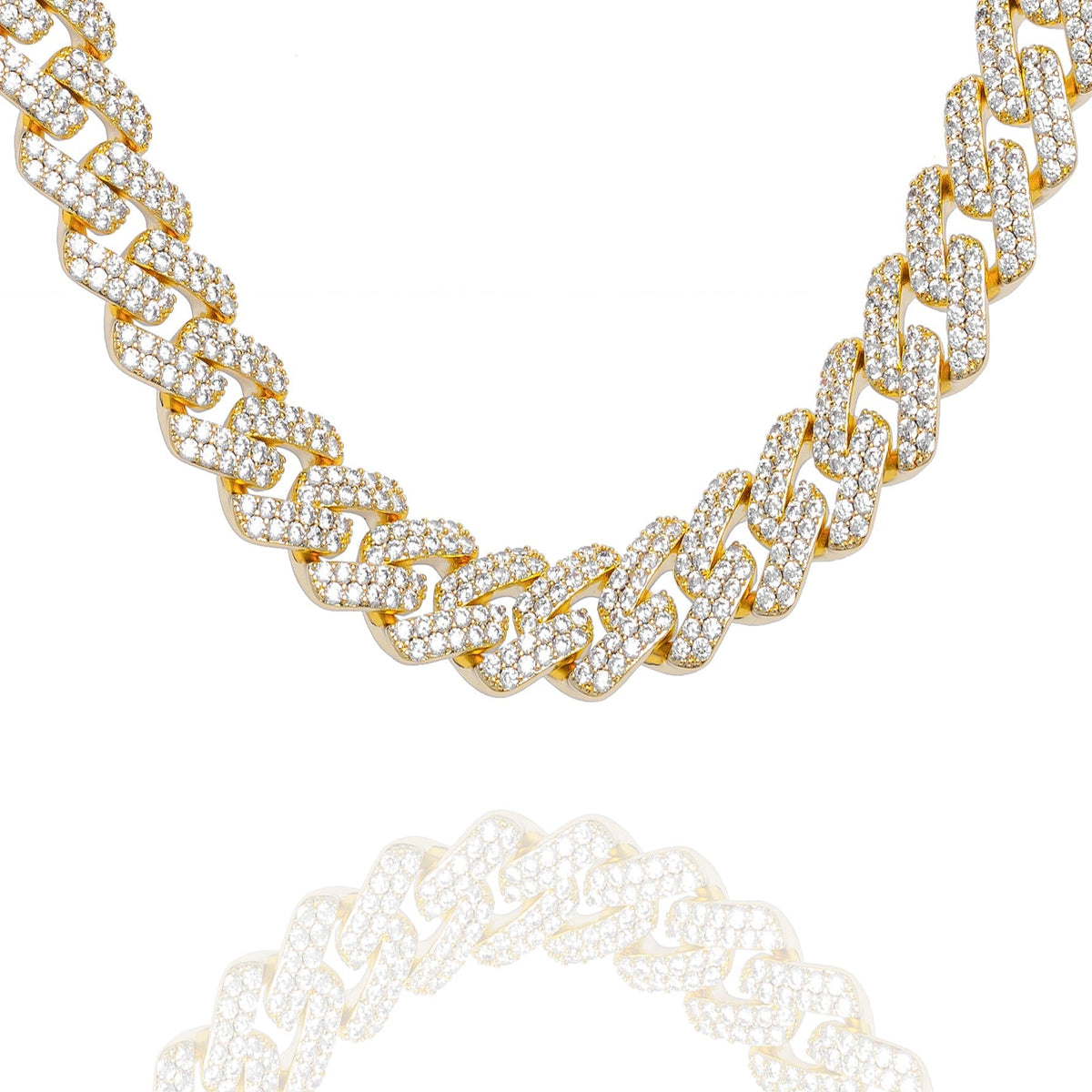 12MM gold Figaro chain with diamond-iced links on white background