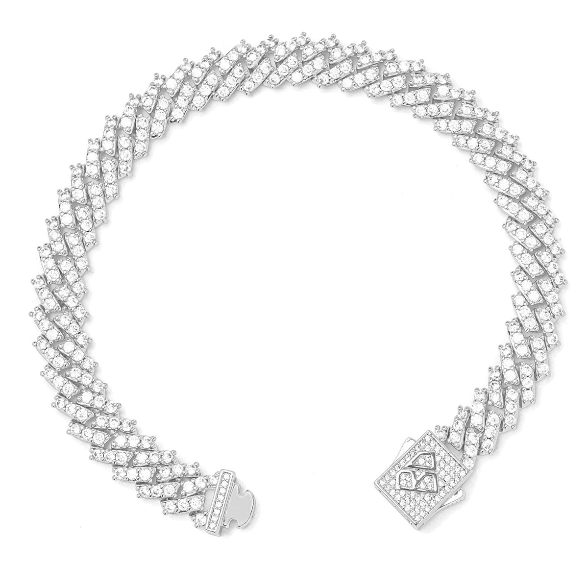 Iced out Cuban bracelet shown at angle with open box clasp and CZ prong setting