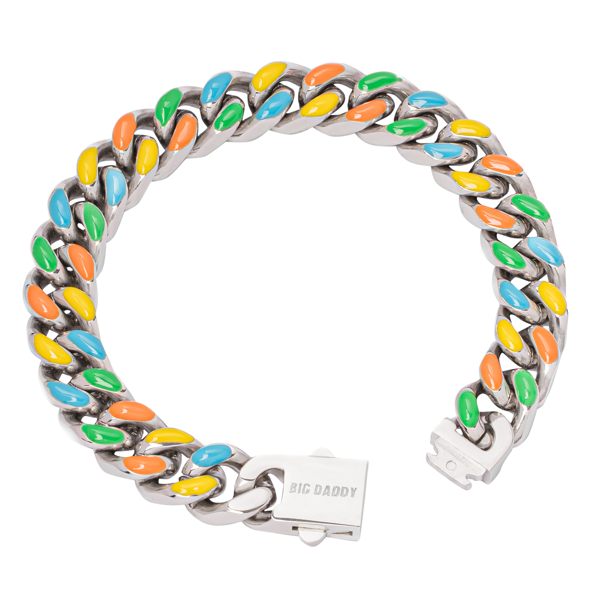 13MM Cuban bracelet angled view showing multi-colour enamel coated links and adjustable closure