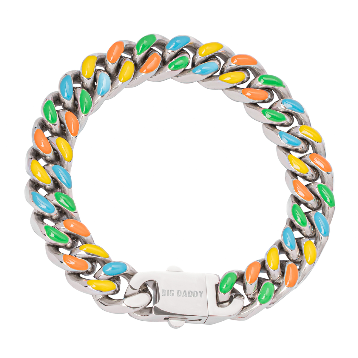 Big Daddy 13MM multi-colour enamel steel Cuban bracelet with green, orange, yellow, and blue links