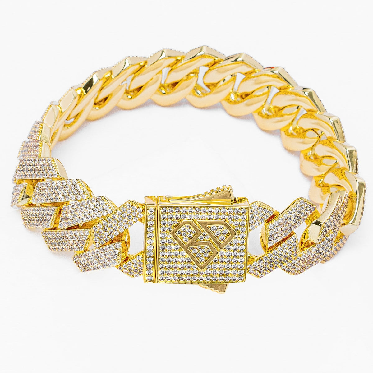 Gold Cuban link bracelet with iced-out CZ-encrusted chain and box clasp