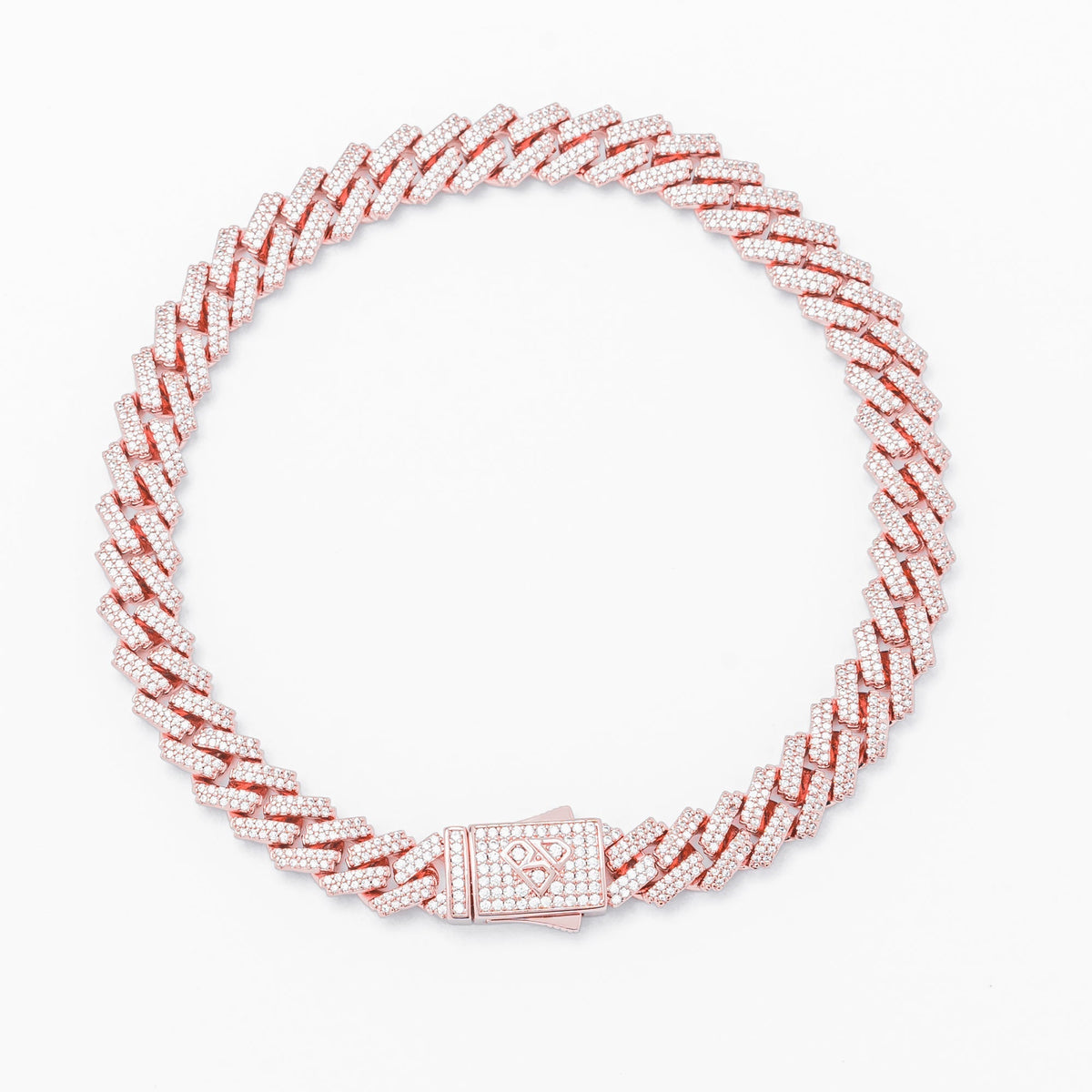 8MM rose gold Cuban link bracelet with iced out diamond clasp, displayed closed