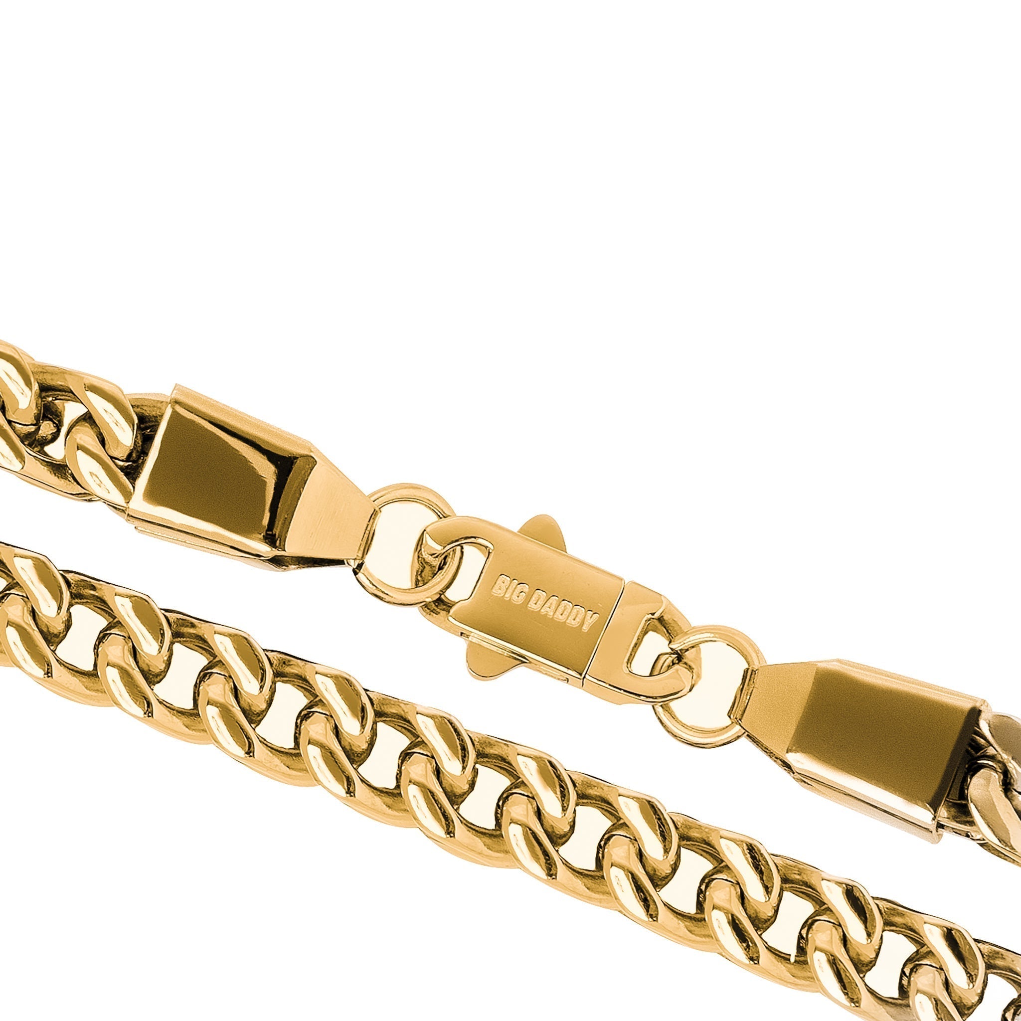 Gold Cuban chain detail showing lobster clasp and link construction at angle