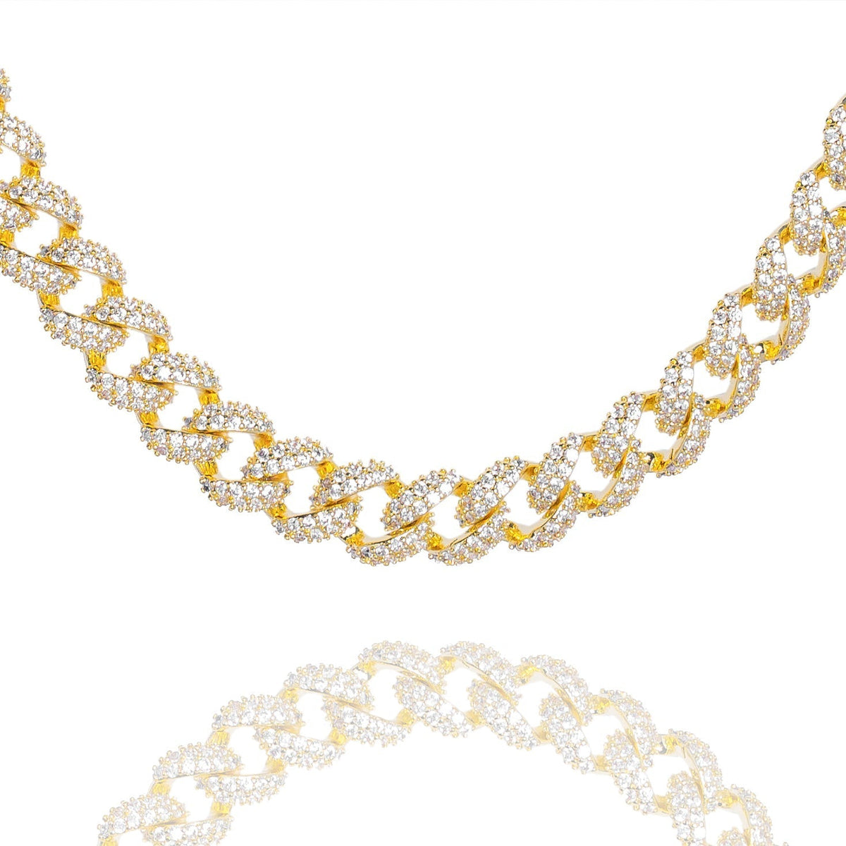 9MM CZ curb Cuban gold chain with full ice-out CZ coverage, angled view