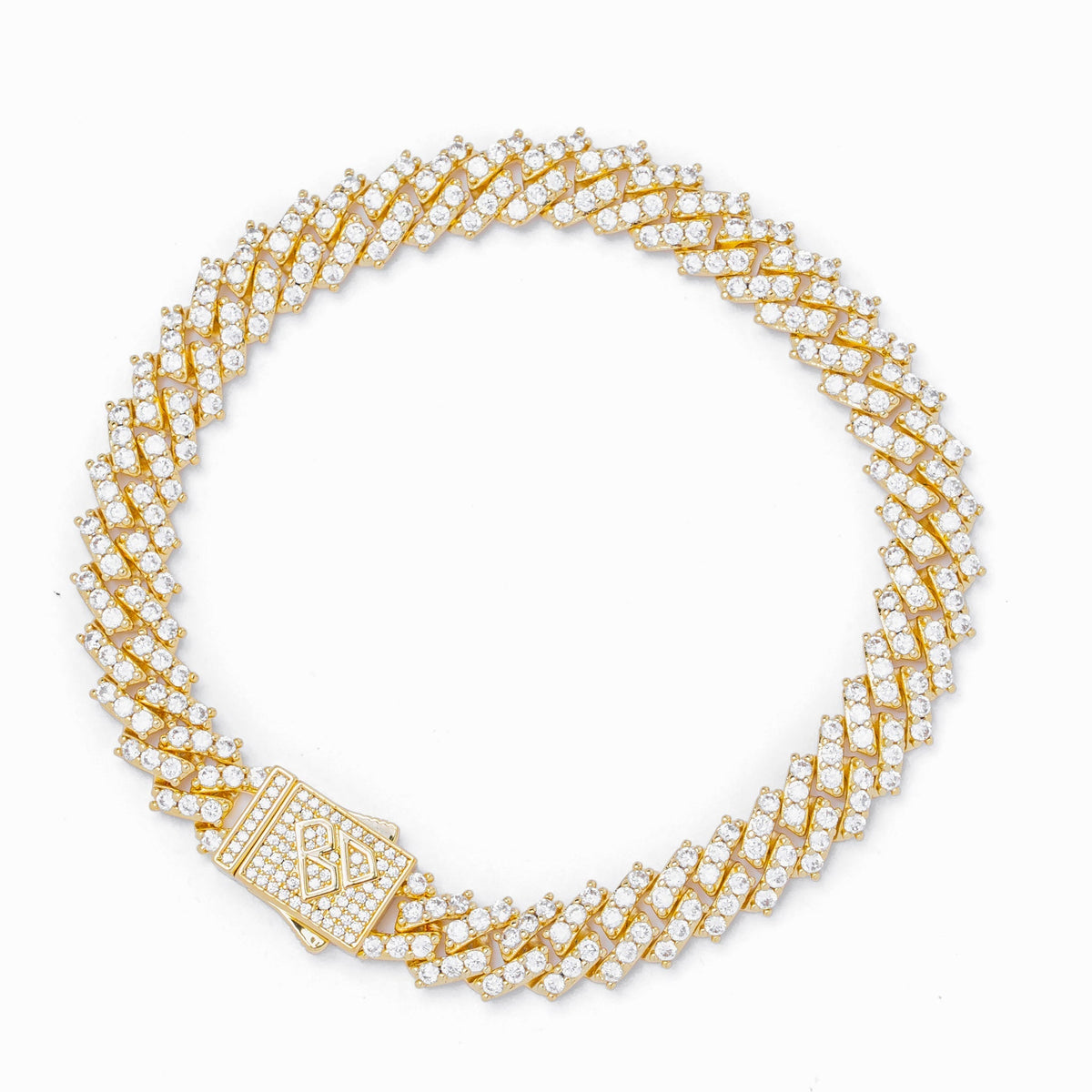 9MM gold Cuban link bracelet with CZ prong settings in geometric pattern