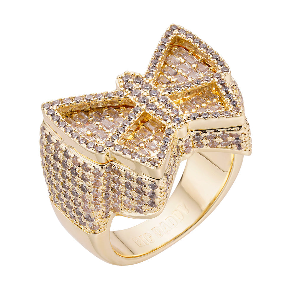 Gold butterfly iced out CZ ring with pavé settings on all sides