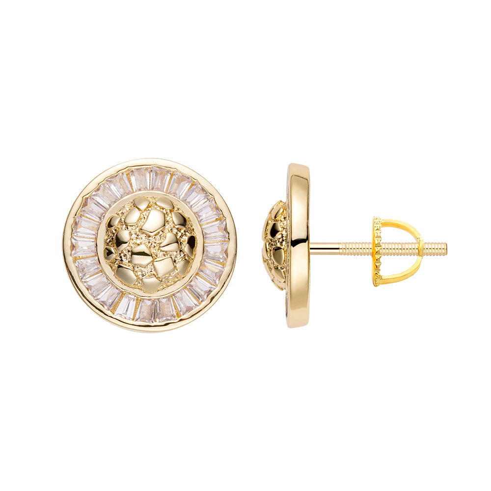Gold cluster baguette iced out CZ earring with circular halo setting, front and side view