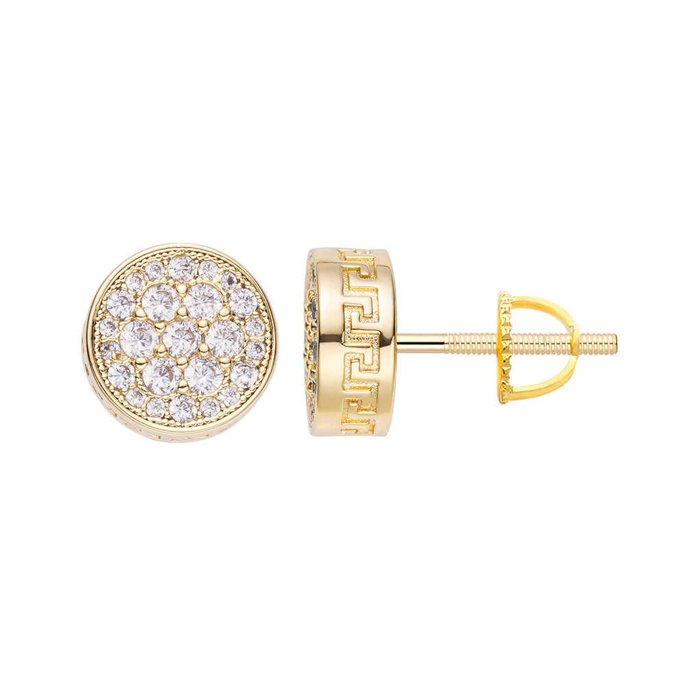 Big Daddy cluster CZ stud earring front view showing CZ-paved round face with gold setting