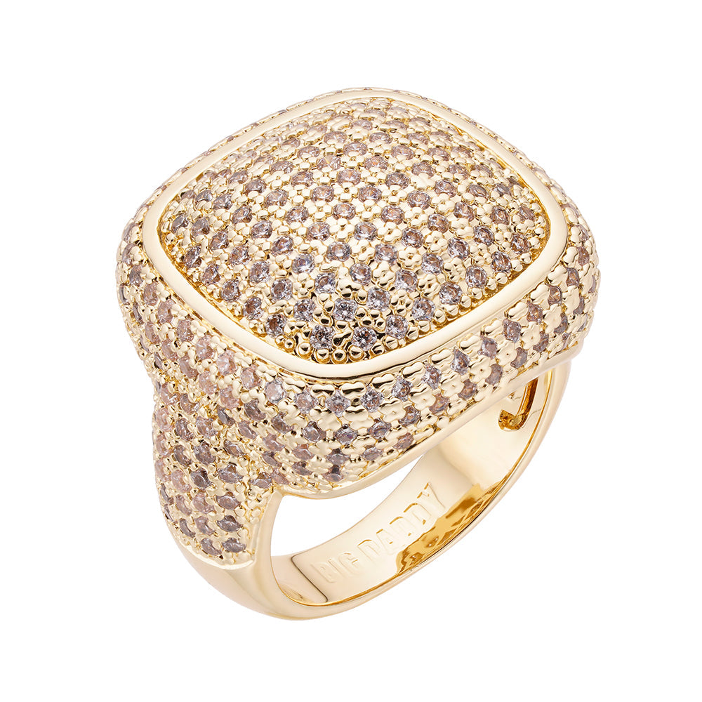 Big Daddy clustered iced out CZ ring with dome cushion face and pave CZ setting in gold