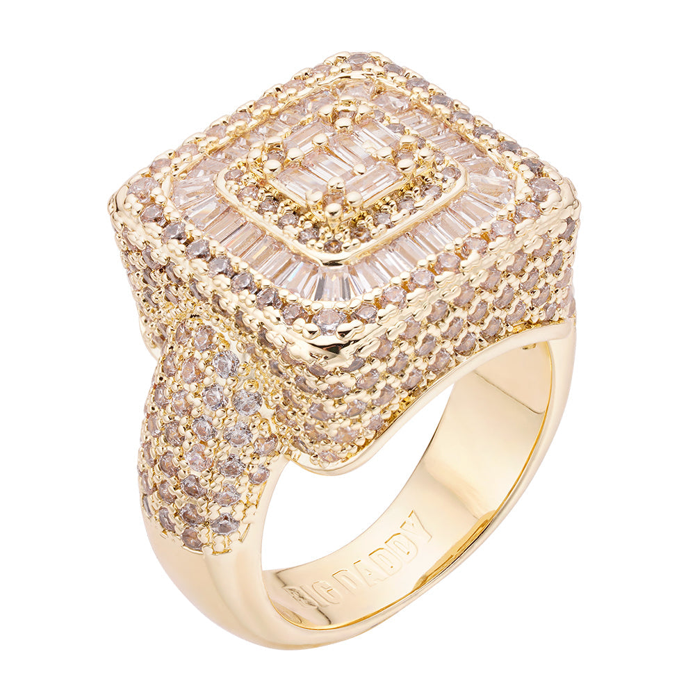 Gold iced out ring with square face featuring baguette and round CZ stones