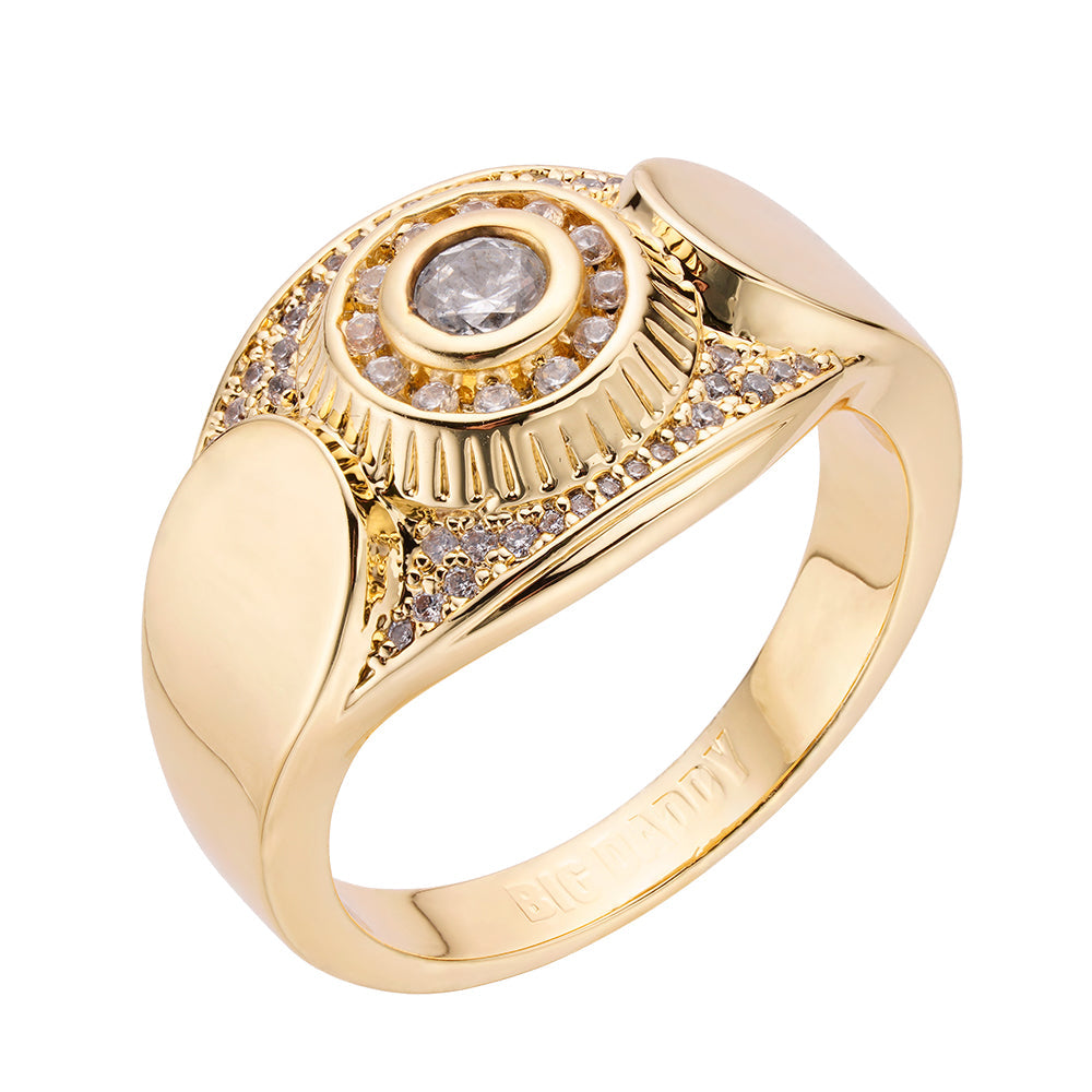 Gold iced out signet ring with center CZ and pave CZ halo setting