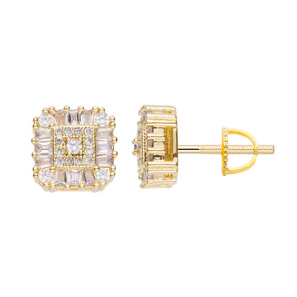 Gold CZ stud earring with cushion-cut iced-out design, front and back view