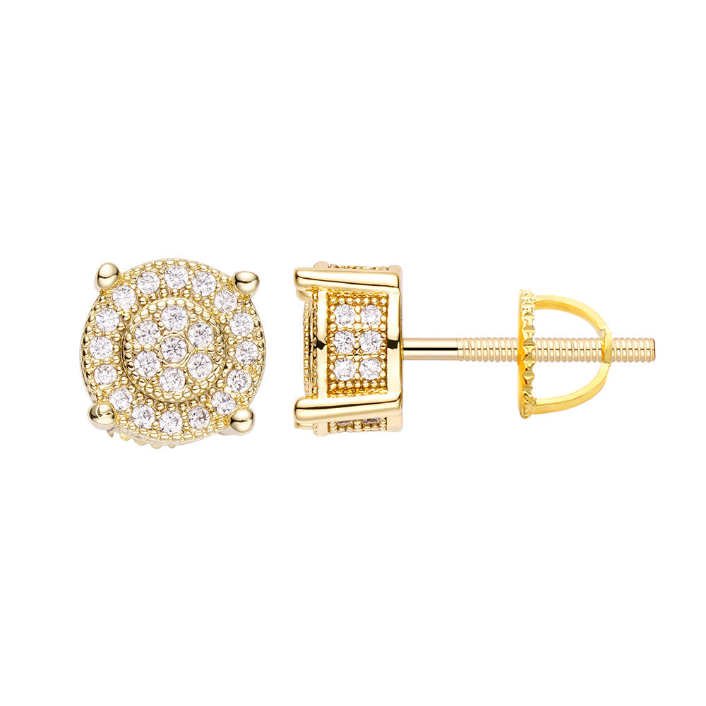 Gold CZ stud earring shown from multiple angles with secure push-back setting