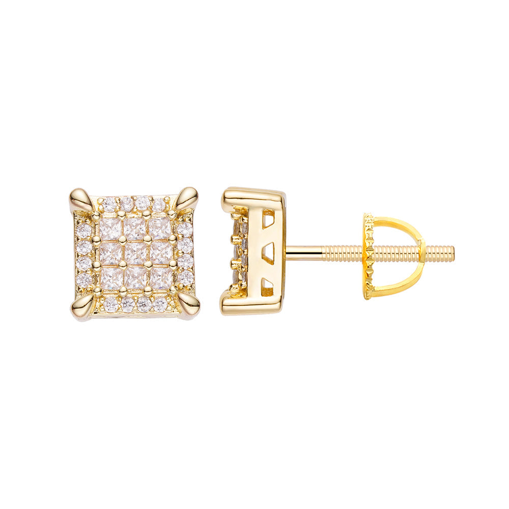Gold emerald cut iced out CZ earring with screw-back post, front and side view