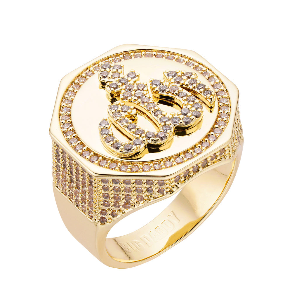 Gold-tone iced out CZ ring with God and Allah text design