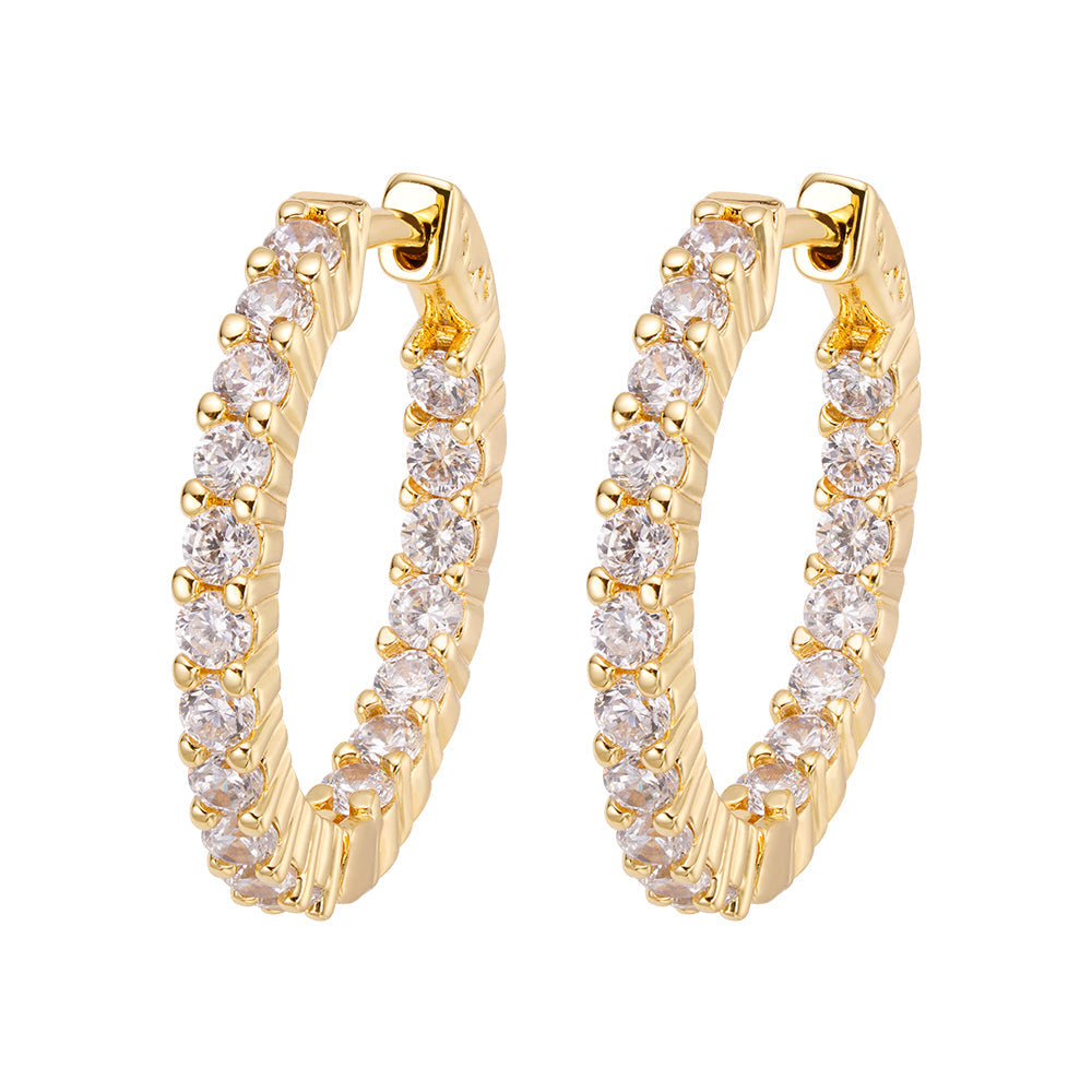 Gold hoop earrings with round CZ accents, displayed as a pair
