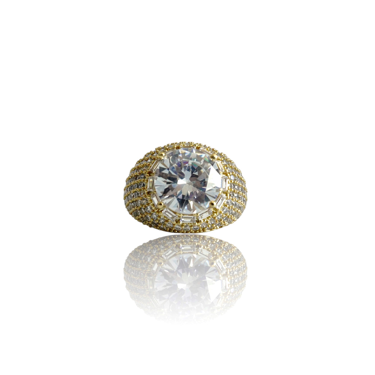 Top view of gold cluster ring with large oval CZ and CZ pave setting