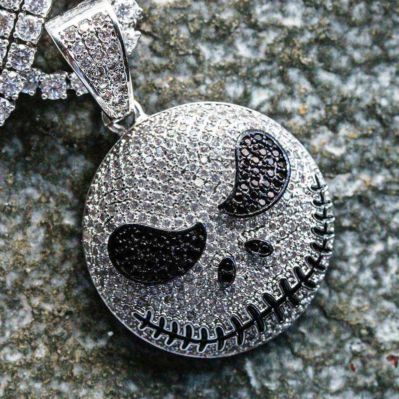 Jack Skeleton pendant detail showing black eyes and mouth stitching with iced cubic zirconia