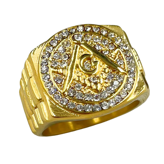 Big Daddy iced-out masonic gold ring with cubic zirconia and square & compass emblem