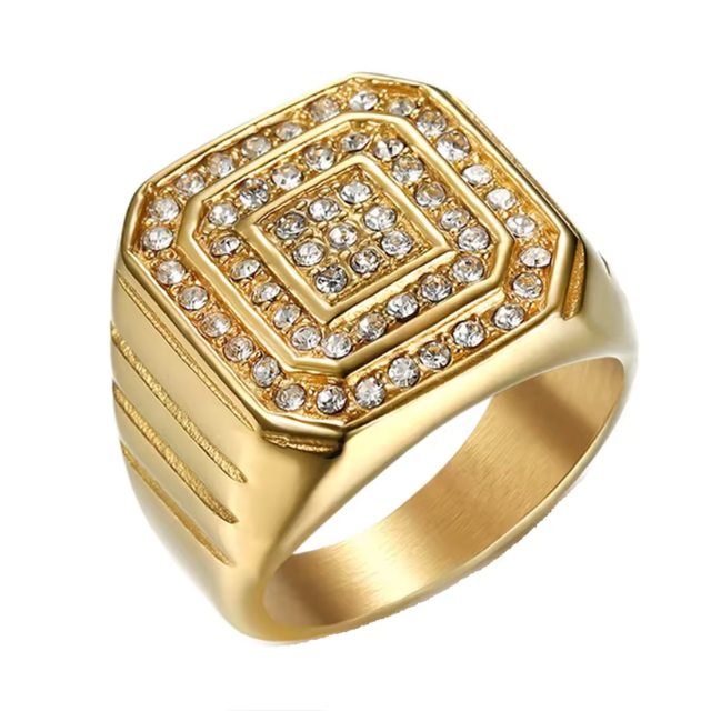 Big Daddy Imperial Iced Gold Ring front view showing square crystal-studded face