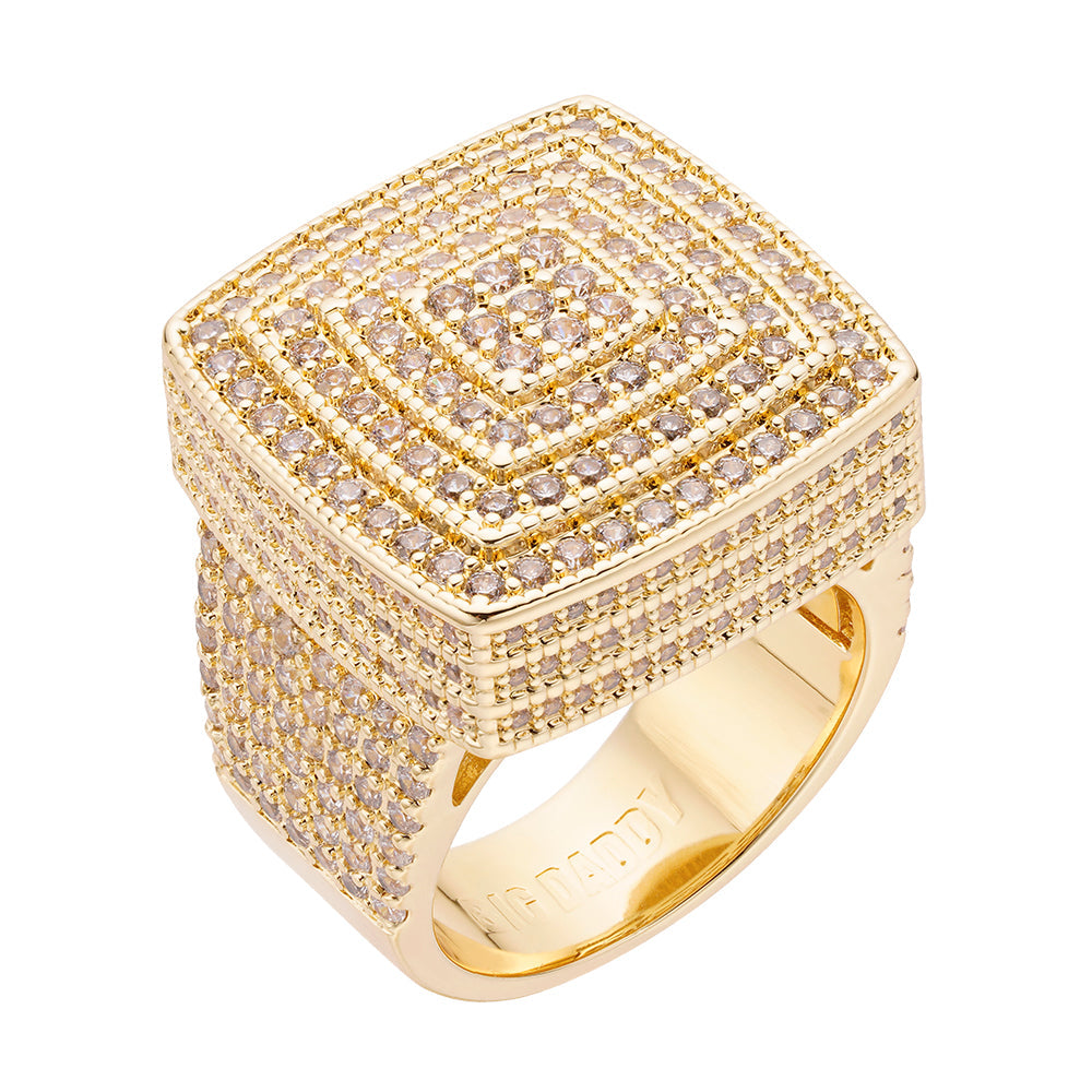 Big Daddy Imperial iced out CZ ring with square cushion-cut top and full pave band in gold
