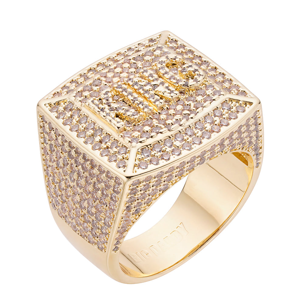 Gold-tone iced out CZ ring with square face and full stone coverage