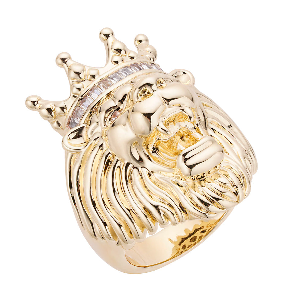 Gold lion head ring with baguette-cut CZ crown and detailed mane