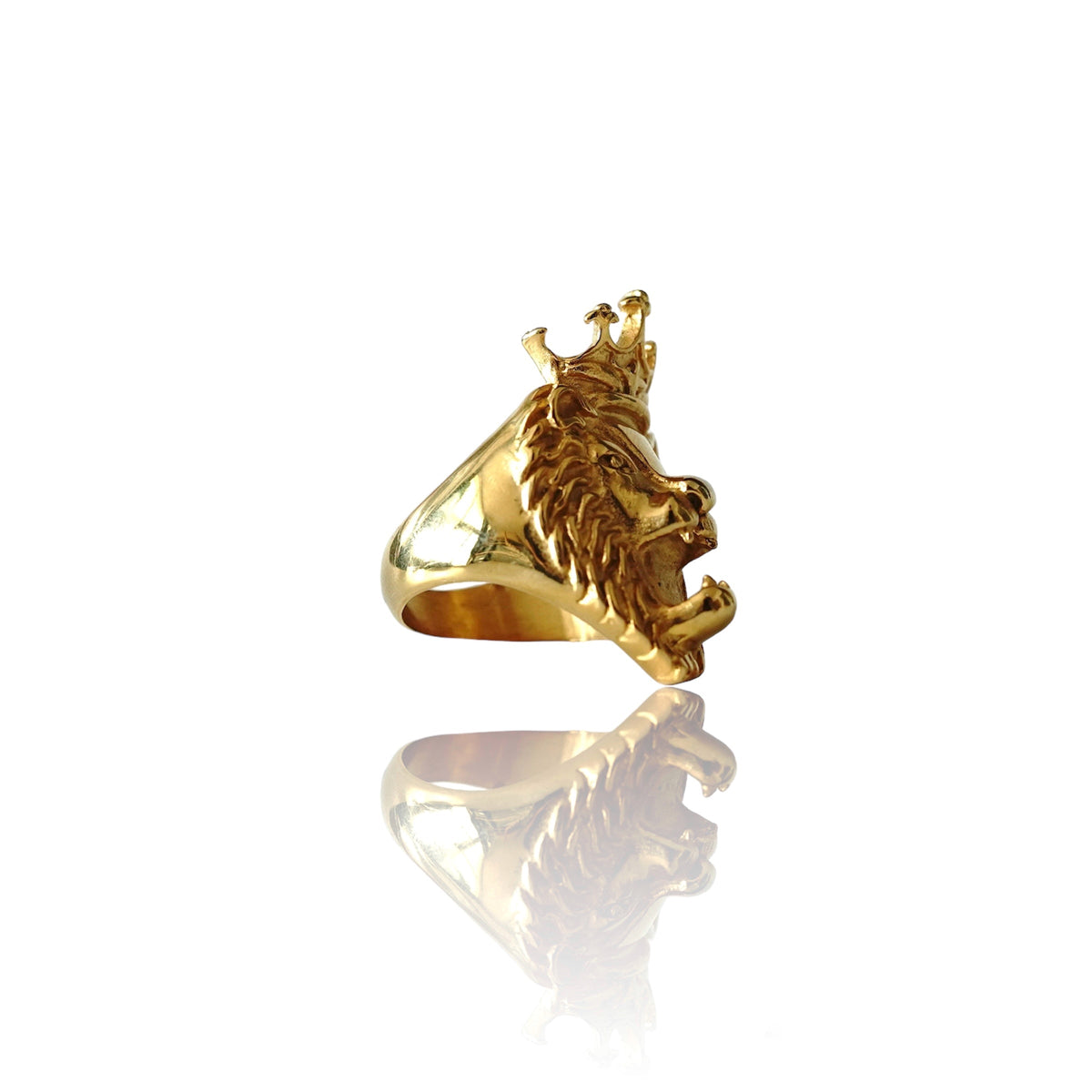 Gold lion head crown ring on angle showing band and side profile