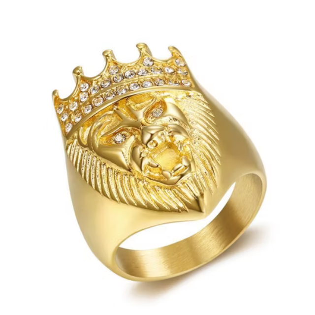 Gold lionhead ring with pave crystal crown viewed from front