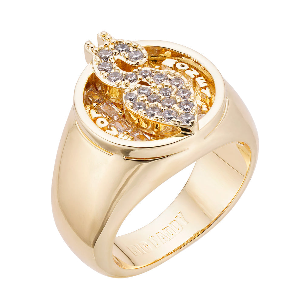 Big Daddy Love Money iced out CZ ring with gold plating and cubic zirconia stones