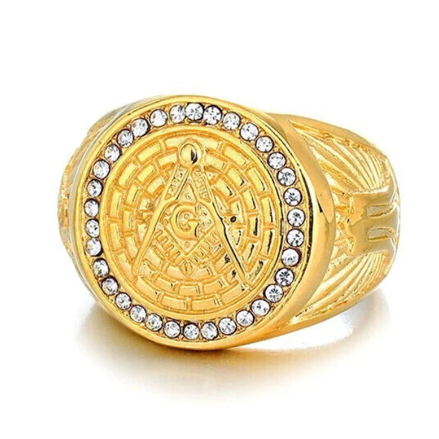 Big Daddy Masonic gold ring with square and compass emblem and crystal stone surround