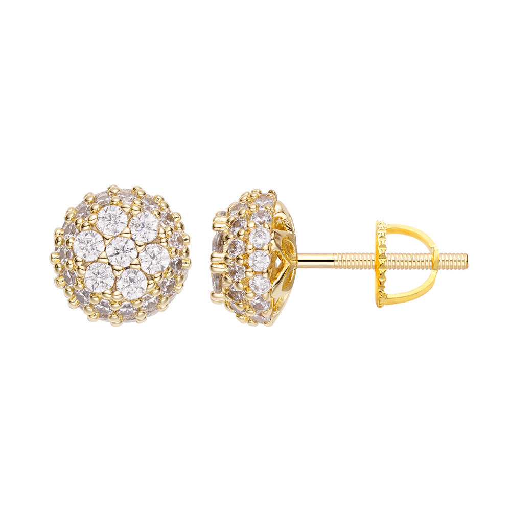 Big Daddy multi-cluster CZ earring studs, front and side view, gold with round brilliant-cut CZ stones