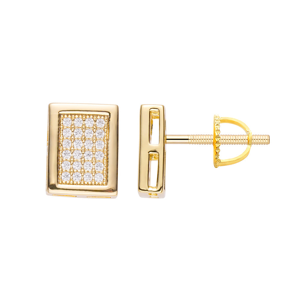 Gold square pave CZ earrings with stud backing, front and side view