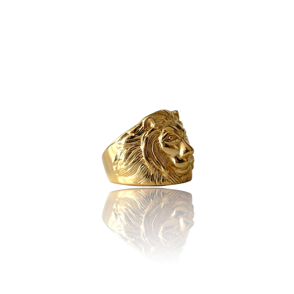 Big Daddy lion head ring displayed from side showing band and profile